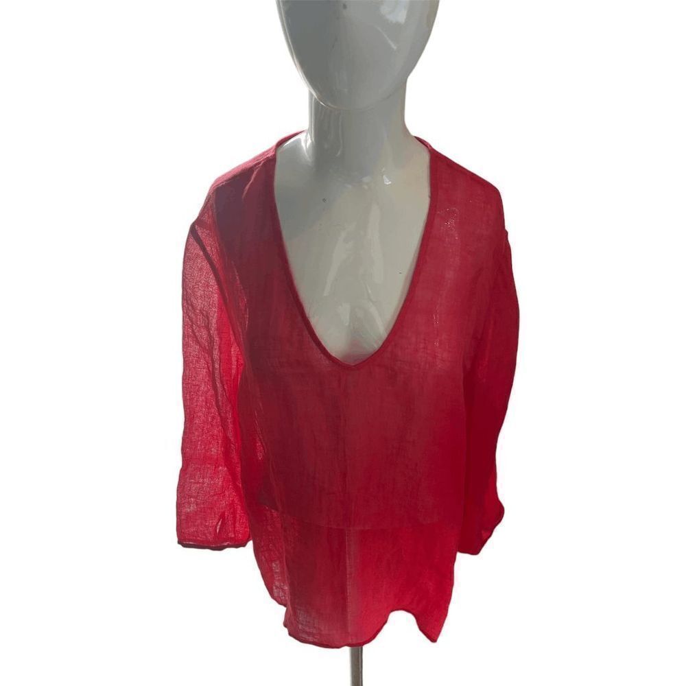 Eileen Fisher Linen Tunic Sheer V Neck 3/4 Sleeves Sz S Pink